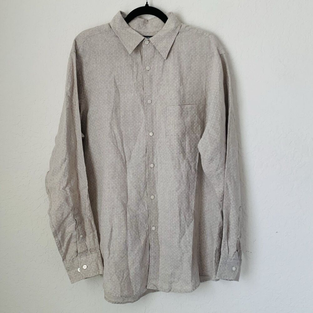 Murano Shirt Men L Beige Dot 100%  Linen Button‎ Down Long Sleeve Beach Coastal